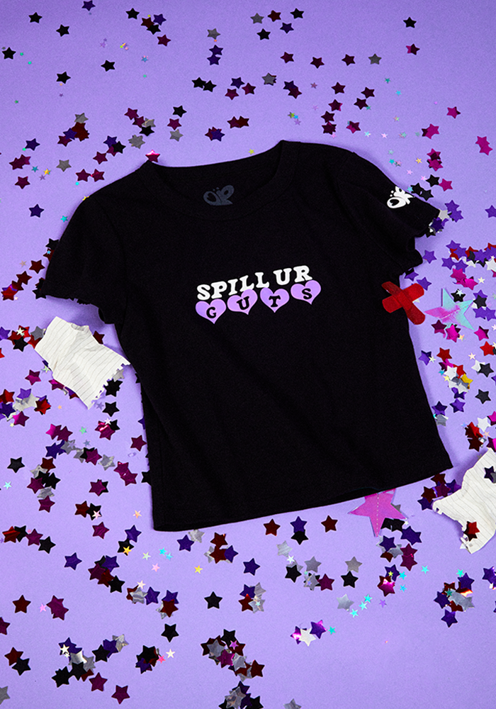 spill ur GUTS crop t-shirt in black front lifestyle