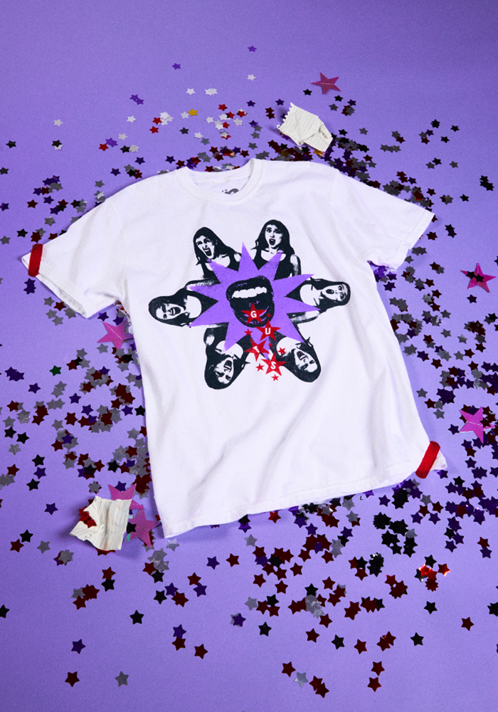 GUTS dateback t-shirt in white lifestyle