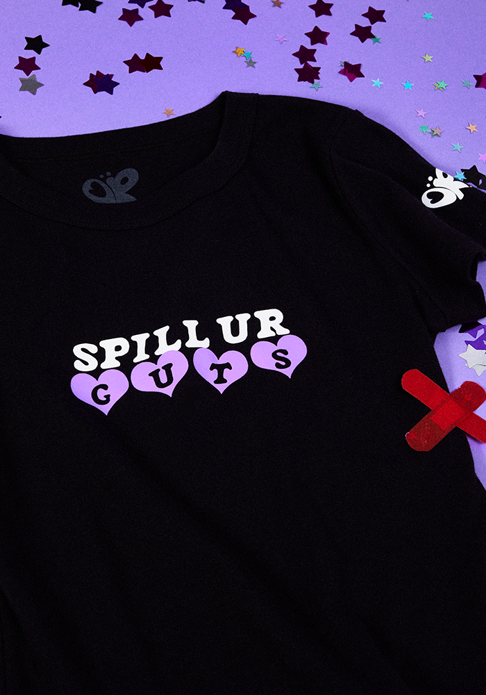 spill ur GUTS crop t-shirt in black front detail