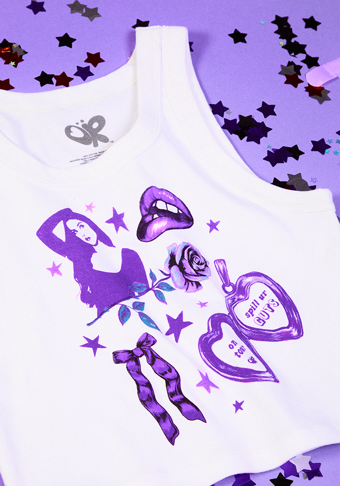 spill ur GUTS on tour crop tank in white front detail