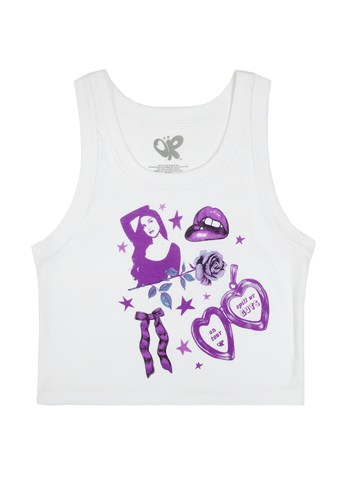 spill ur GUTS on tour crop tank in white